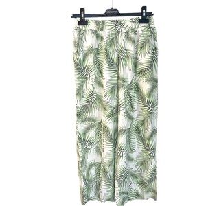 ANNE CARSON Linen Wide Leg Cropped Pants Tropical Leaf Print White Green L